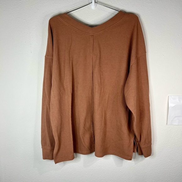 Anrabess Women’s Brown Ribbed V-Neck Sweater Size Large Oversized Casual Knit - Picture 4 of 6
